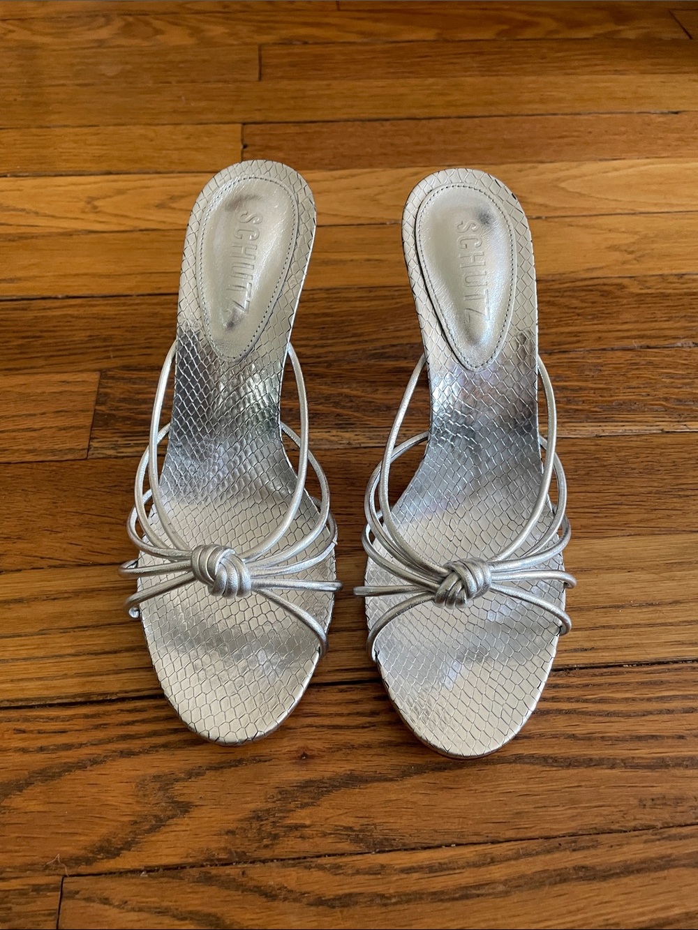 SCHUTZ Silver Knotted Strappy Mule Sandals